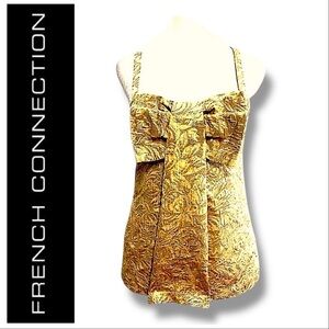 FRENCH CONNECTION🥂Gold Metallic Floral Brocade Cami Top with Bow on Front SZ 2